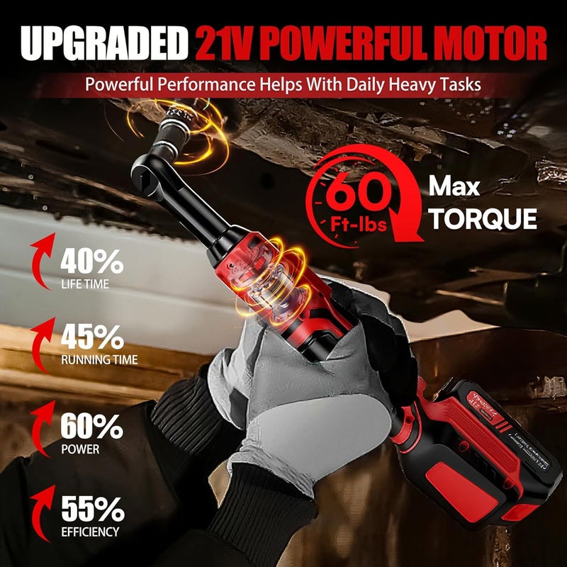 DEVTBLUN 21V Electric Ratchet Wrench Set,60FT-LBS (80N.m) Extended Cordless Ratchet Wrench with 2x 2.0Ah Battery,3/8" 400 RPM Variable Speed Power Ratchet Driver Set with 7 Sockets,1/4 Adaptor, 3"Extension Bar - Image 2